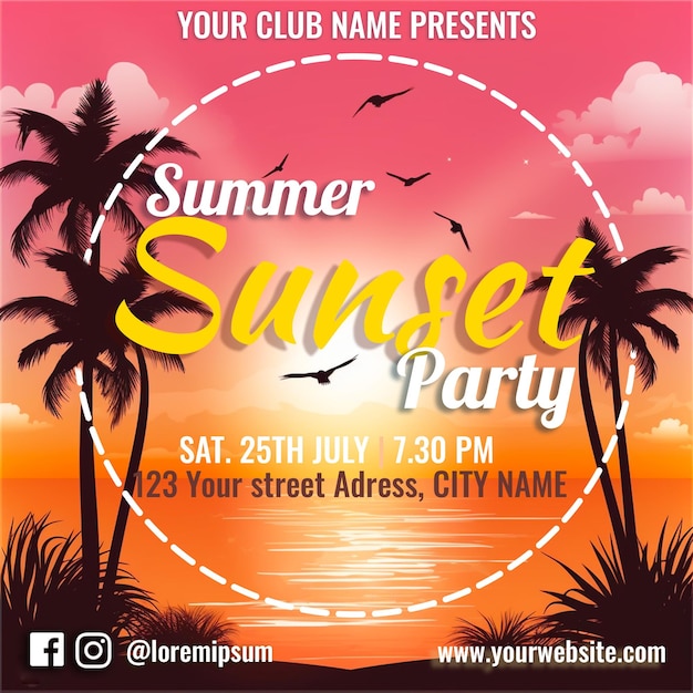 PSD psd summer sunset party background with palm tree and beautiful colors invitation event