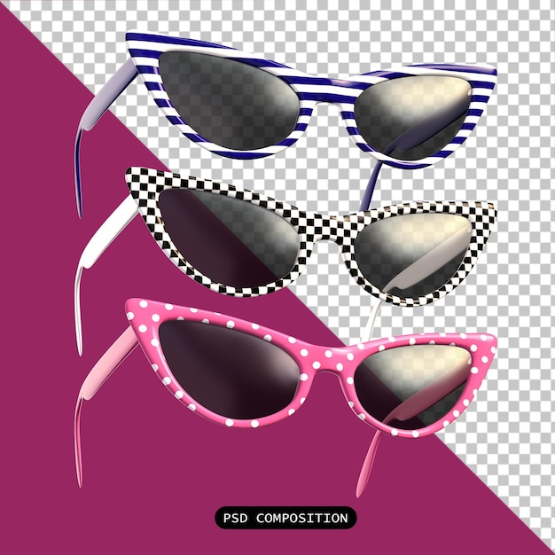 Psd sunglasses pack moda isolata 3d render illustrazione
