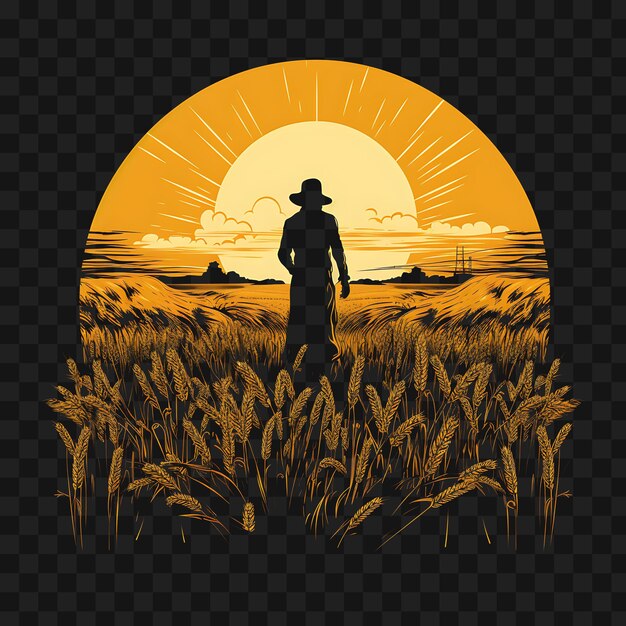 Psd di sunny wheat field con uno spaventapasseri giallo dorato e marrone template clipart tattoo design