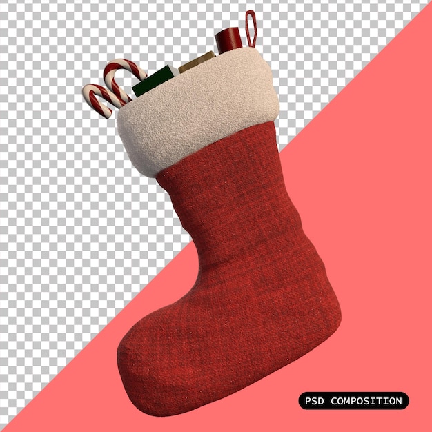 PSD psd świąteczna skarpetka z cukierkami izolowana ilustracja renderowania 3d