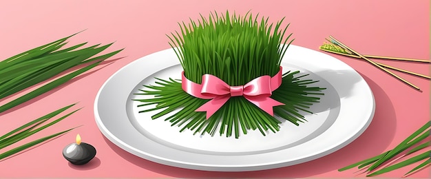 PSD psd świętuj szczęśliwy nowruz świeża i świąteczna trawa pszeniczna talerz związany z czerwoną wstążką