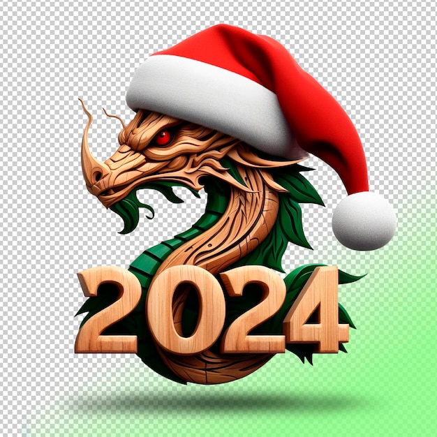 Psd symbol of year 2024 green wooden dragon on a transparent background