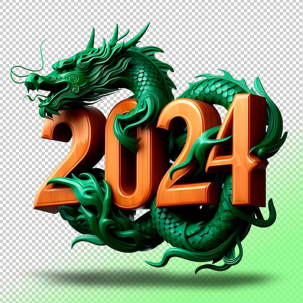 Psd symbol of year 2024 green wooden dragon on a transparent background