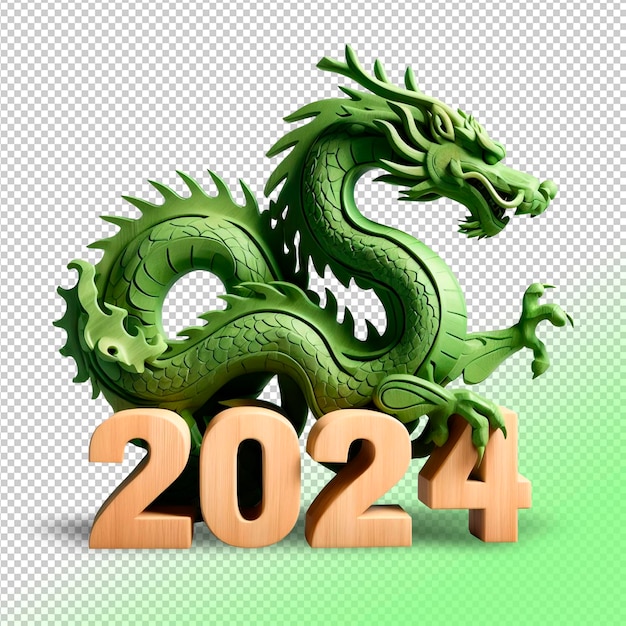 透明な背景に 2024 年の緑の木のドラゴンの PSD シンボル