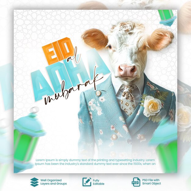 PSD psd szczęśliwy eid al adha projekt kartki powitalnej dla mediów społecznościowych szablon plakat eid al adha z krową