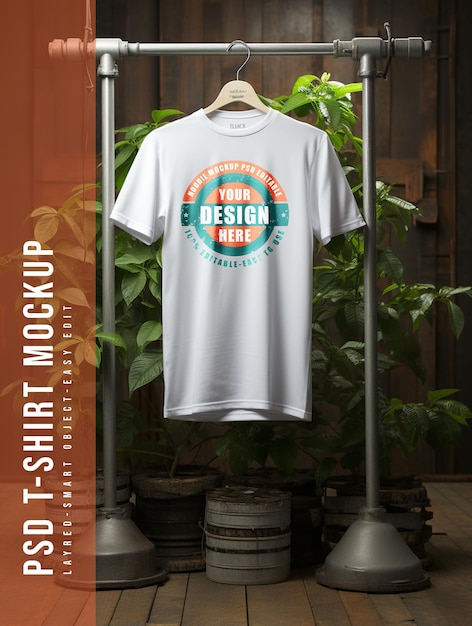 Psd t shirt mockup hanging on rack