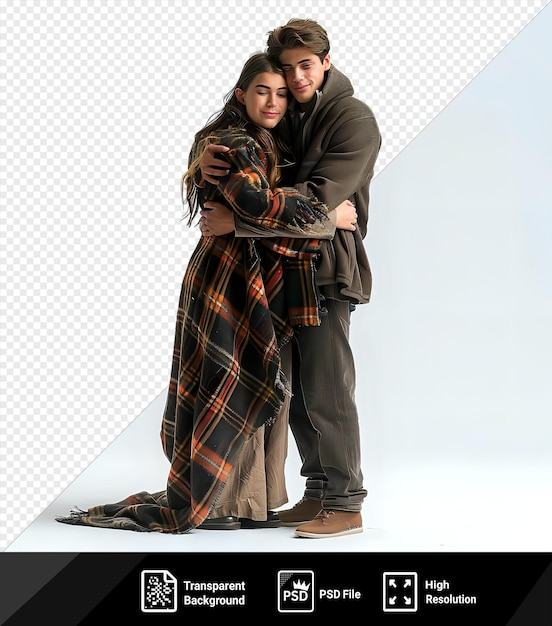 PSD psd tall young man hugging his girlfriend and covering her with a plaid scarf png