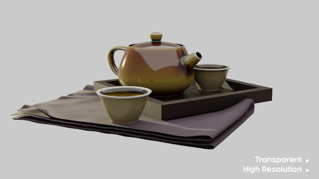 PSD psd teapot and teacup set on the tray and napkin