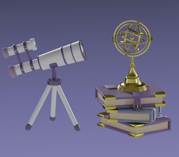 PSD telescope icon with armillary sphere on books isolated 3d render illustration