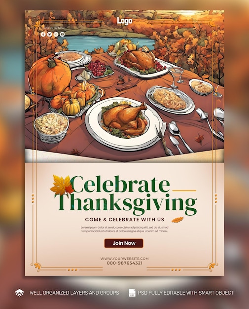 PSD psd template banner and flyer thanksgiving and the harvest feast social media post