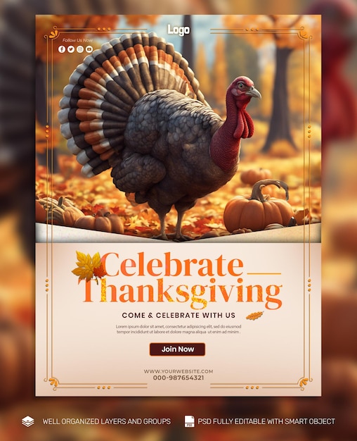 Psd template banner and flyer thanksgiving and the harvest feast social media post