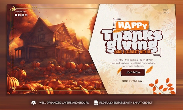 Psd template banner and flyer thanksgiving and the harvest feast social media post