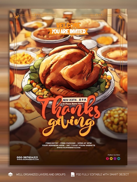 Psd template flyer thanksgiving and the harvest feast social media post