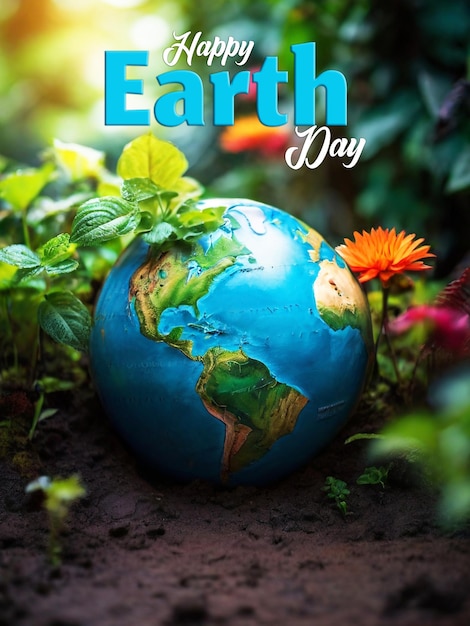 PSD modello psd di un poster di happy earth day con il pianeta terra sullo sfondo nero