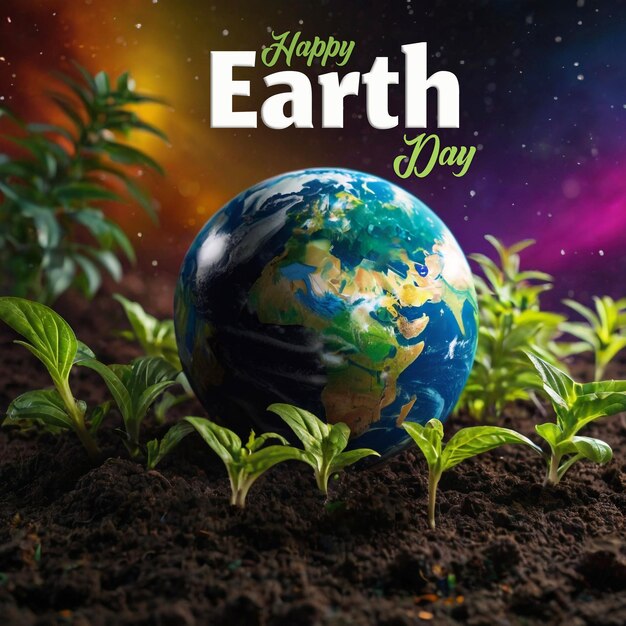 PSD modello psd di un poster di happy earth day con il pianeta terra sullo sfondo nero