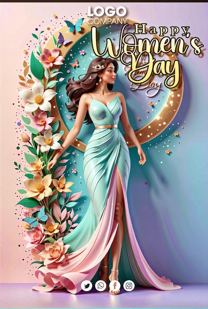 PSD psd template happy womens day fullbody a woman in a pink dress with butterflies and flowers