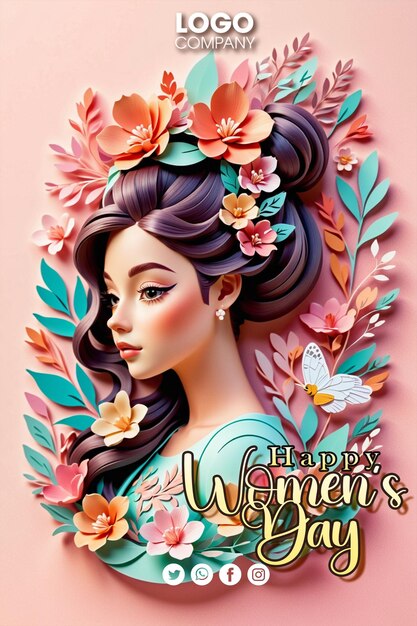 PSD psd template happy womens day a woman with long black hair and flowers in her hair