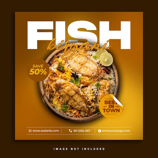 Psd template for an instagram post banner about delicious fish biryani rice food