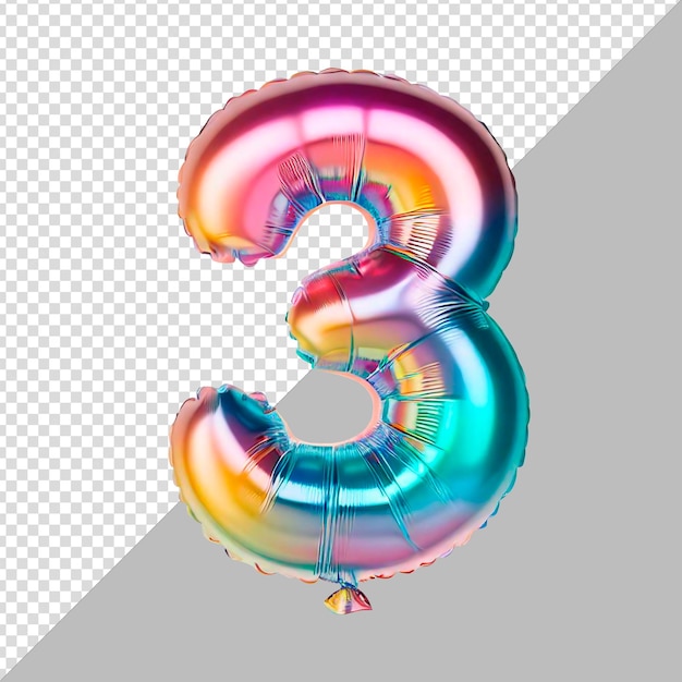 PSD psd template number three made of shiny birthday balloon on a transparent background