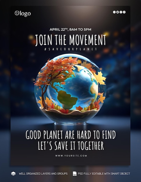 Psd template poster and flyer earth day social media post