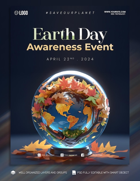 Psd template poster and flyer earth day social media post