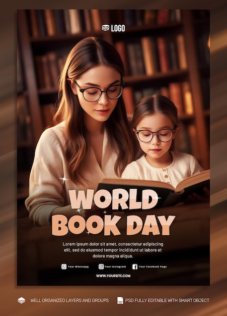 Psd template poster and flyer world book day social media post