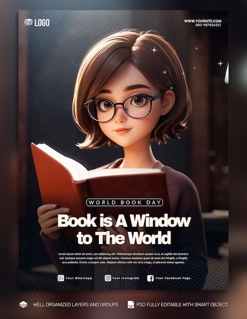 Poster e volantino del psd template post sui social media per la giornata mondiale del libro