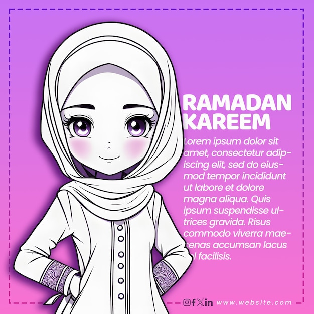 Psd template title editable text simple purple character muslim girl