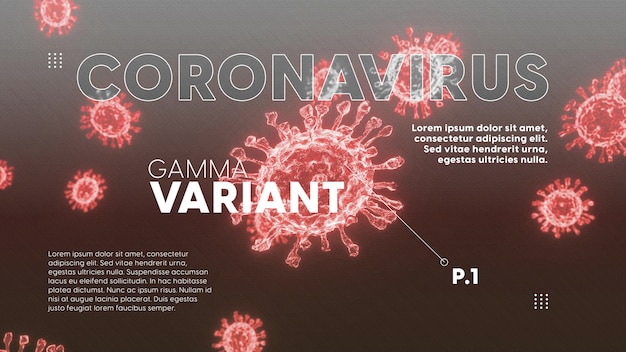PSD covid19とバリアントに関する情報のための編集可能なテキストと3dウイルスを含むpsdテンプレート