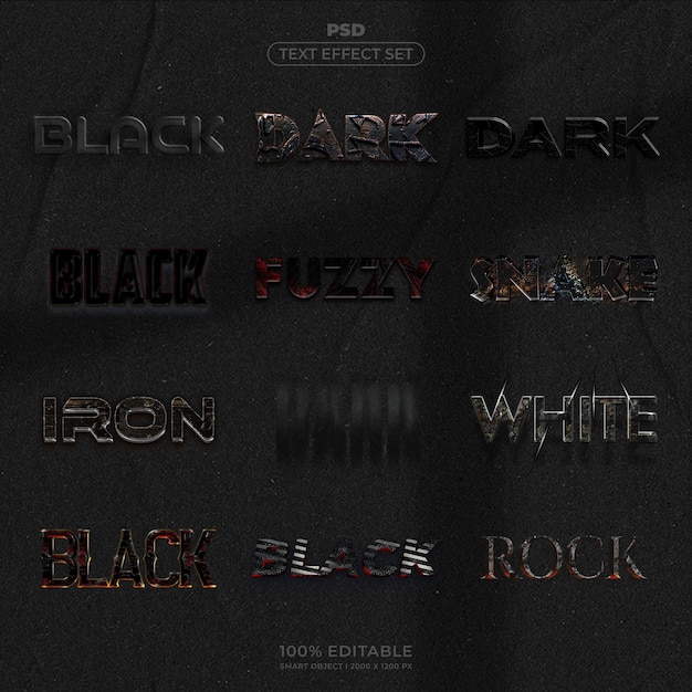 PSD Text Effect Set Black Dark Fuzzy Snake Iron White and Rock Styles