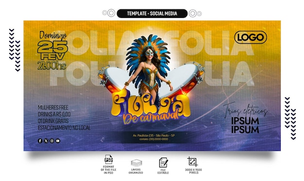 Psd texto 3d de carnaval folia