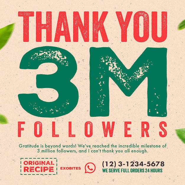 PSD psd thank you 3m followers on cream background instagram post template