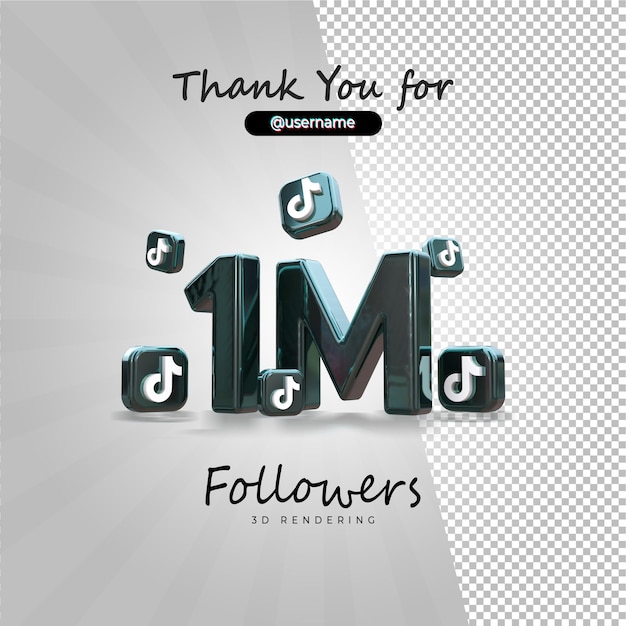 PSD psd thanks for 1m followers on tiktok 3d rendering with alpha background