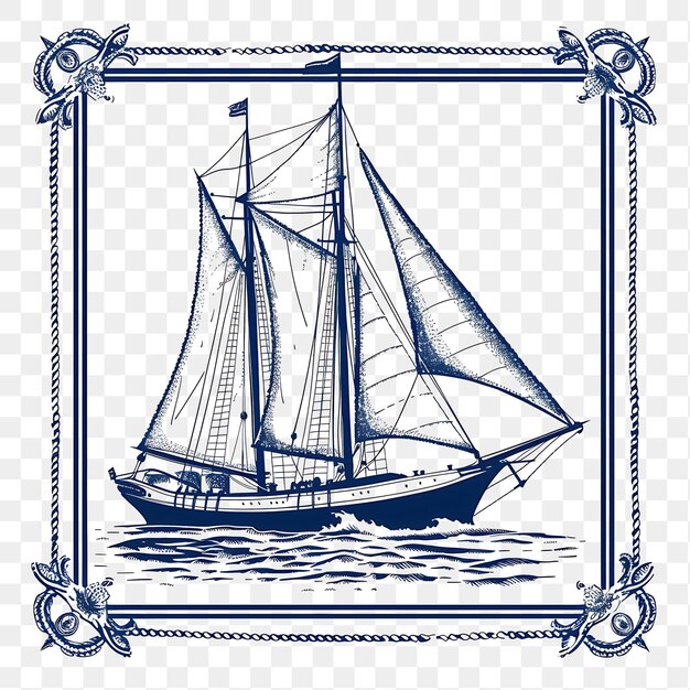 Psd timeless sailboat schooner met navy blue monochrome stamp c tattoo clipart inkt t-shirt design