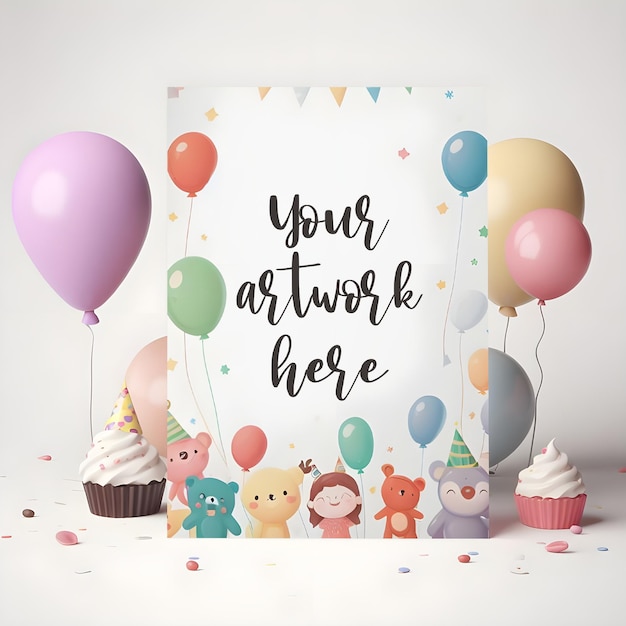 PSD psd top view composition of birthday party elements themes with invitation mockup