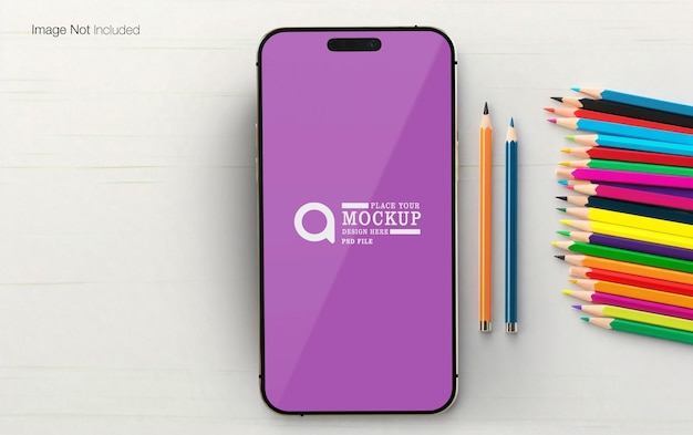 Psd top view of smartphone mockup with school tools isolated