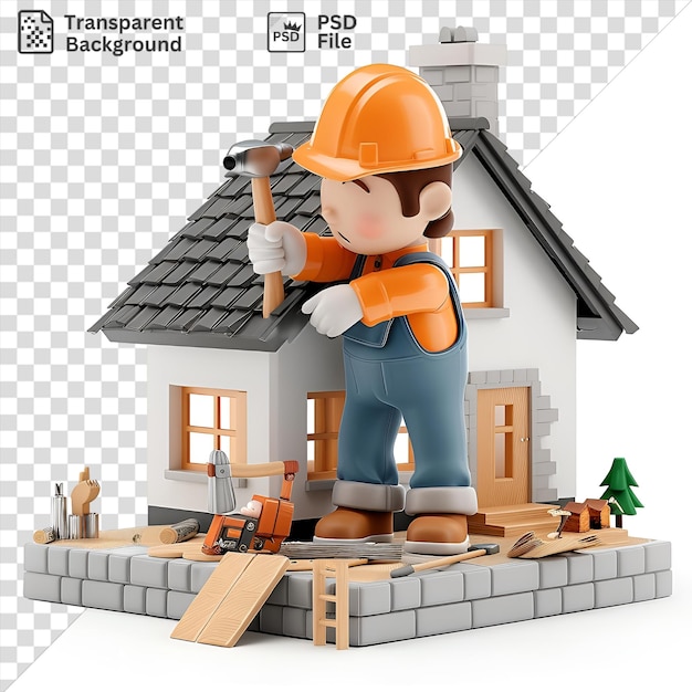 PSD psd transparante achtergrond 3d bouwvakker cartoon bouwen van een huis