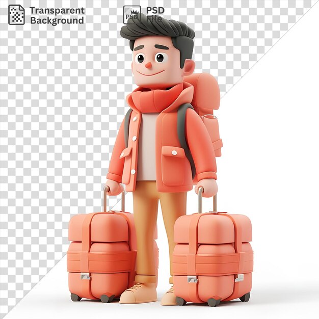 Psd transparante achtergrond 3d smokkelaar cartoon smokkelen mensen met bagage met een speelgoed en verschillende lichaamsdelen, waaronder armen benen en haar
