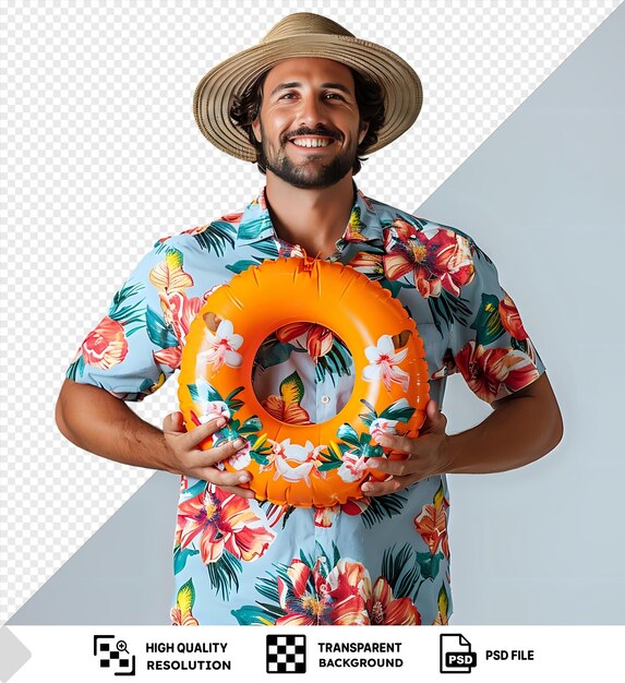 PSD psd transparante achtergrond vol lichaam jonge glimlachende vrolijke leuke coole toerist man dragen strand shirt hoed houden opblaasbare ring kijk camera studio portret zomervakantie zee rust png