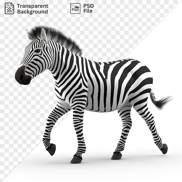 Psd transparent background 3d animated zebra trotting with stripes featuring black nose eye and hooves white and black mane and striped legs