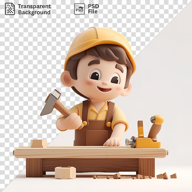 PSD psd transparent background 3d carpenter cartoon carving wood toy figure holding a hammer