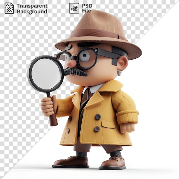 Psd transparent background 3d detective cartoon solving a high profile crime case with a magnifying glass