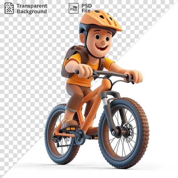 PSD psd transparent background 3d mountain biker cartoon conquering challenging downhill trails wearing an orange helmet and riding a black bike with black wheels