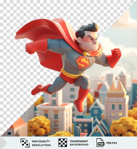 PSD psd transparent background 3d superhero cartoon soaring through the sky to rescue a teddy bear with a white building and blue sky in the background and a red leg visible in the foreground