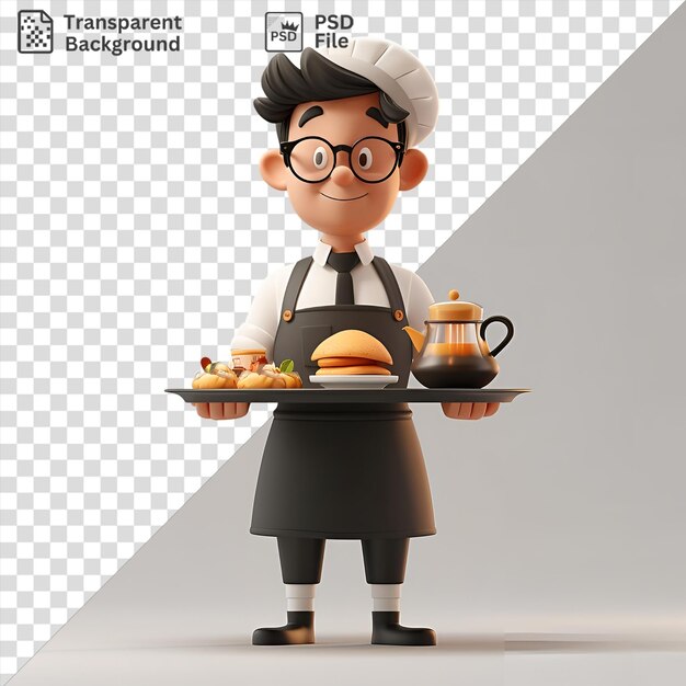 Psd transparent background 3d waiter cartoon serving food on a tray