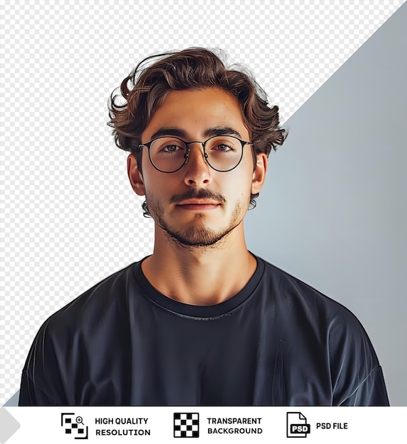 PSD psd transparent background a man wearing glasses and a black shirt with a isolated background showcasing his distinctive features including a large nose brown hair and blue and brown eyes png psd