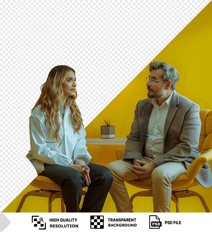 PSD psd transparent background blonde psychologist talking to a male patient at her office png psd