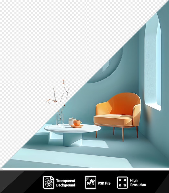 Psd transparent background borek wallpaper blue wall orange chair transparent background small vase and round mirror on a white floor