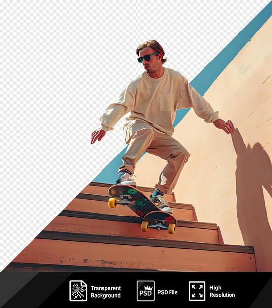 Psd 透明な背景 陽気なスケートボーダーがサングラスをかぶって木製の階段を降りる png psd