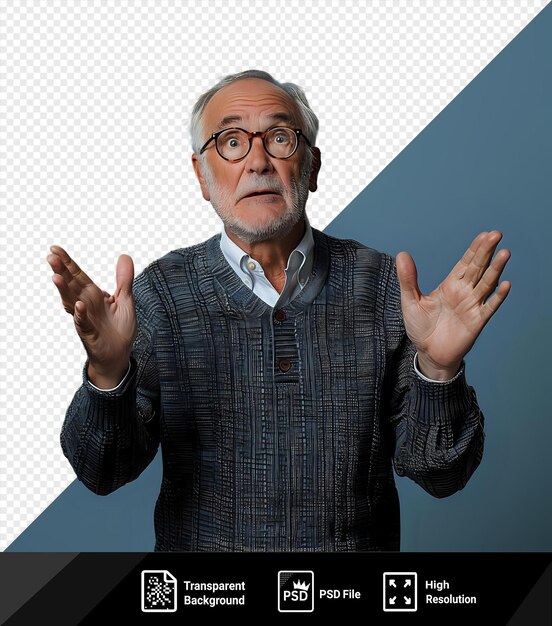 Psd sfondo trasparente confuso uomo caucasico anziano con gli occhiali non è sicuro in studio alzando le mani in alto isolato sulla parete blu png